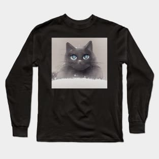 Blue Eyed Gray Cat in Snow Long Sleeve T-Shirt